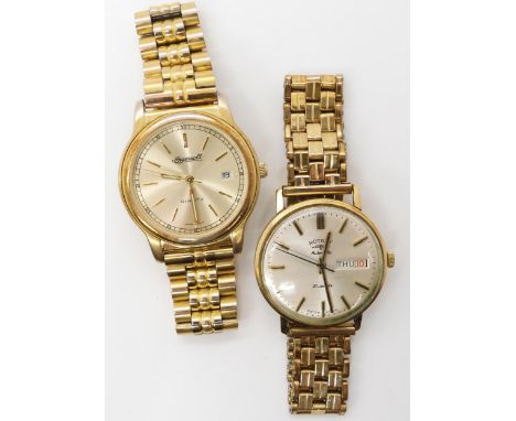 A 9ct gold cased gents Rotary watch with a gold plated strap, weight of the back plate of the case 3.4gms, together with a go