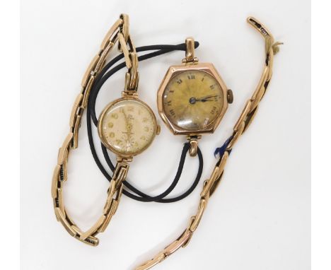 A 9ct gold ladies vintage Rolex watch head, hallmarked London 1923, with elastic strap, a 9ct gold ladies Uno watch and strap