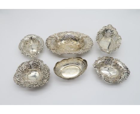 A collection of various silver bon bon dishes / trinket dishes, all with pierced decoration, various makers and marks, 196gms