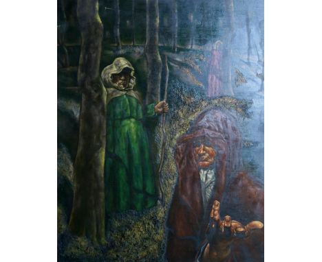 SCOTTISH SCHOOL&nbsp; BECKONING INTO THE WOODS&nbsp; Mixed media on canvas, 153 x 122cm&nbsp; Indistinctly inscribed verso, p