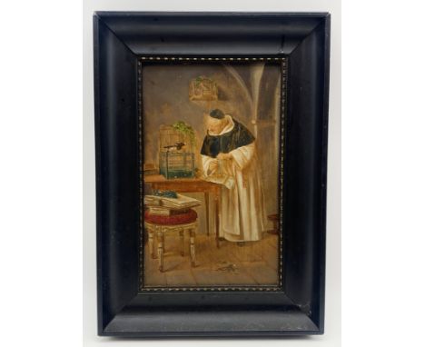 PAINTING OF A MONK WITH BIRD - THE BIRD FANCIER ON CERAMIC PLAQUE