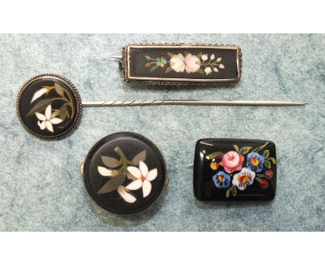 A small rectangular micro mosaic brooch in white metal mount, a similar stud and stick pin and a small enamelled brooch, (4).