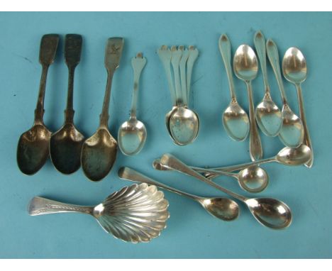 A Georgian bright cut caddy spoon with shell bowl, various coffee spoons, mainly 19th century, ___5.9cm.