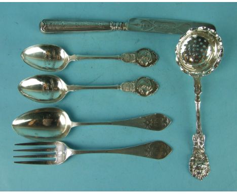 A Victorian christening spoon, fork and knife with engraved and engine-turned decoration, Birmingham 1871, a pair of Kent Cou
