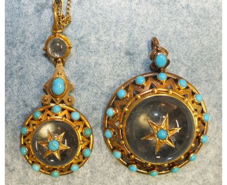 A Victorian rock crystal and turquoise pendant, the round rock crystal cabochon surmounted by a turquoise set star and within