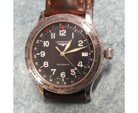 Longines, a Swissair Exclusive no.4 "World Timer Avigation" automatic wrist watch, the black dial with Arabic numerals, calen