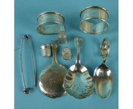 A fiddle pattern silver caddy spoon with shell bowl, Exeter 1858, a miniature silver hand mirror, a silver kilt pin and other