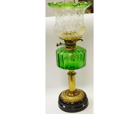 Victorian oil lamp, everted shade,. green glass reservoir, brass column