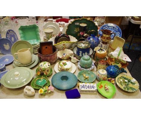 Decorative Ceramics - a Wedgwood Jasperware biscuit barrel; mid 20th century studio pottery; Cornish motto ware jug; Poole; e