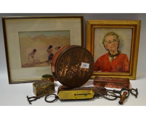 A Newlyn Arts and Crafts copper jewellery casket; aesthetic movement dressing tray; silver inlaid Indian casket; etc; oil por