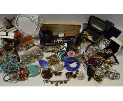 Fashion jewellery to include a yellow metal opal and diamond chip ring; a silver bracelet; Scottish silver brooch; a silver a