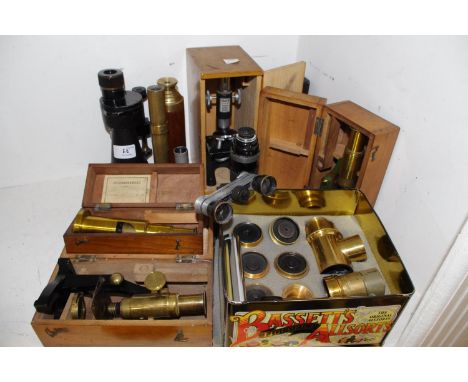 Scientific Instruments - a Victorian mahogany cased students microscope; another; other microscopes; brass and mahogany three