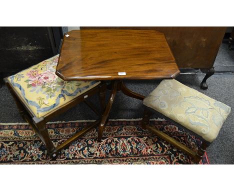 An early 20th century oak square stool, in the 18th century manner; another; a 19th century mahogany tripod occasional table 