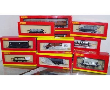 Hornby 00 gauge rolling stock including R4170-PO06 Gresley 61ft corridor brake coach 24387 in LNER teak; R4232 LMS Standard P