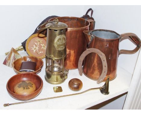 Boxes &amp; Objects - a brass miners lamp; a Williamthorpe colliery lamp motif stamped no. 35; copper ware; bellows;etc 