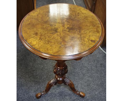 A Victorian tripod table by Amberlain &amp; King, quarter veneered burr walnut circular top, shaped frieze, turned fruitwood 