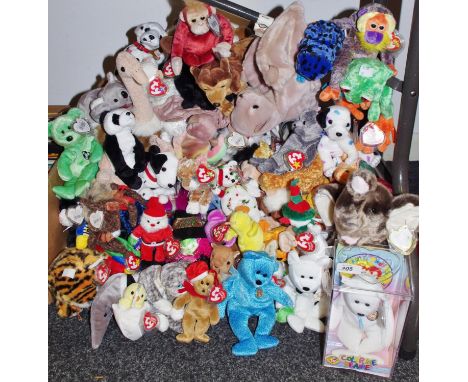 Tyco Beanie Babies a large quantity including Peace Bears, India, Trumpet, Scary, 2002 Holiday Bear, all with the tags attach