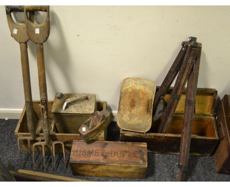 A quantity of tools and boxes to include gardening tools, a plane, a tripod, a BP jerry can; tool box etc