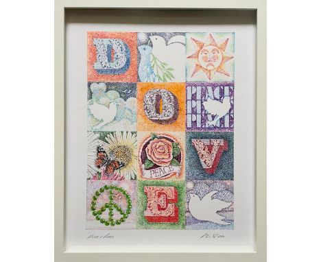 Peter Hiscock (Graphic artist) - 'Dove and Peace', coloured fine liner pens, pointillistic style, frame size, 40cm x 30cm, fr