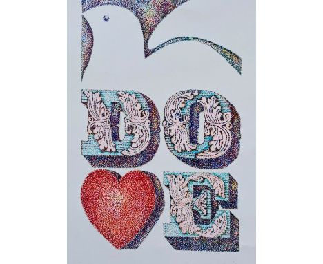 Peter Hiscock (Graphic artist) - 'Dove Heart' coloured fine liner pens, pointillistic style, framed, 29cm x 20cm, frame size 