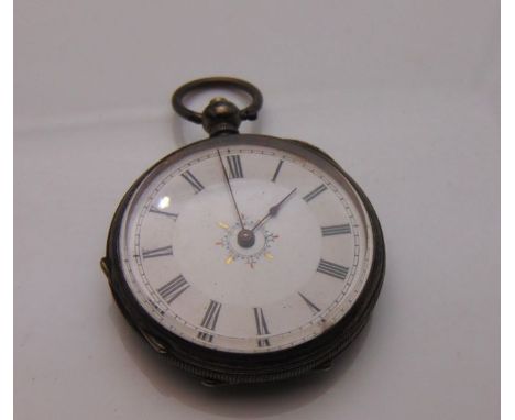 A silver open-faced pocket watch, the white enamelled dial with black Roman numerals, centred with painted decorative motifs,