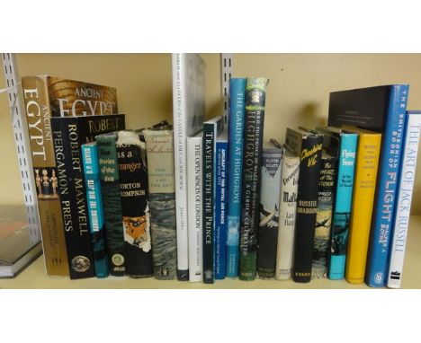 A mixed collection of books including flying, gardening, sea stories, The Art Of Jack Russell, signed by the author
