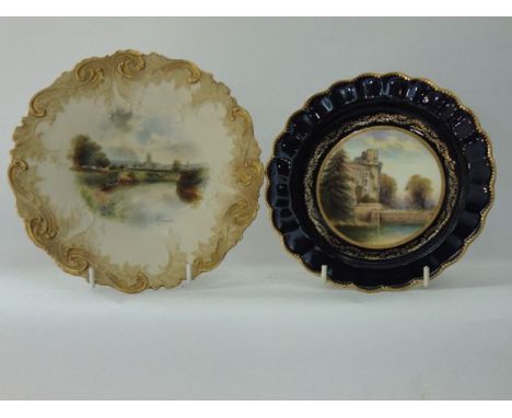 A Grainger Worcester cabinet plate with moulded and gilded border, with painted panel showing a Gloucester river scene with c