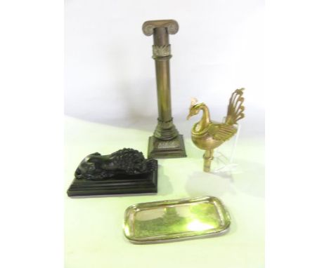 A good quality brass lamp base in the form of a column with scrolling capital raised on square blockade supports, 38 cm tall 