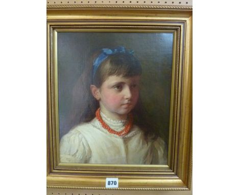 An oil painting on canvas, bust length portrait of a little girl with blue ribbon in her hair and wearing a coral necklace, 3