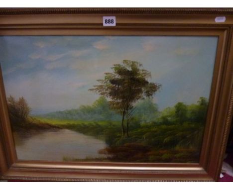 An early 20th century oil painting on board of a river landscape together with  other pictures and prints including an oval c