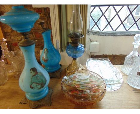 A pair of blue ground lamp bases (one incomplete) with printed portraits of Napoleon and Josephine together with a further oi