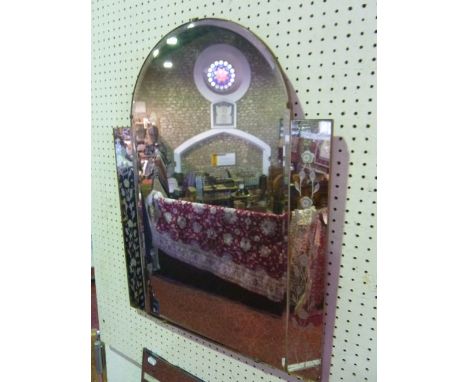 A large mirrored panel of rectangular form with bevelled edge and etched detail depicting water fowl beneath a leafy tree lin
