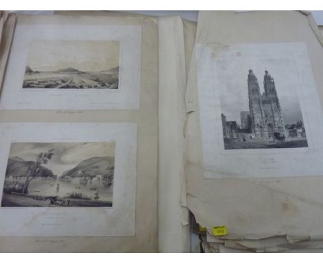 A 19th century album containing a quantity of pencil sketches of the Alps, black and white lithographs showing continental vi