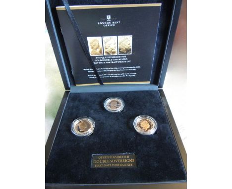 A Queen Elizabeth II 22ct Gold Double Sovereigns First Date Portrait Proof Set, 1980, 1985 & 1998, fitted display cased with 