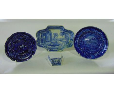 A small collection of 19th century blue and white printed wares including an asparagus server, a serving dish of shaped outli