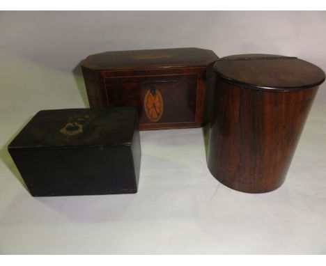 A good quality 19th century tea caddy of canted rectangular form, principally set with mahogany veneers with cross banded and