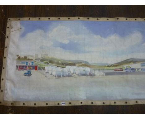 An unusual oil painting on canvas being a panoramic architectural design for a hovercraft station, probably dating from the 1