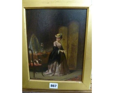 A 19th century oil painting on wooden panel showing an 18th century style interior scene with elegant lady preparing to take 