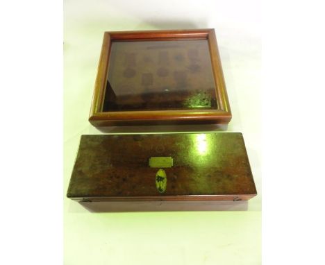 A late 19th/early 20th century mahogany cased partial draughtsmen's set with inset brass panel to the top reading - G F David