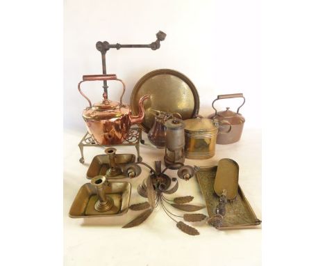 A selection of metal wares to include a good quality copper jug with silver plated spout, collar and hinged lid with applied 
