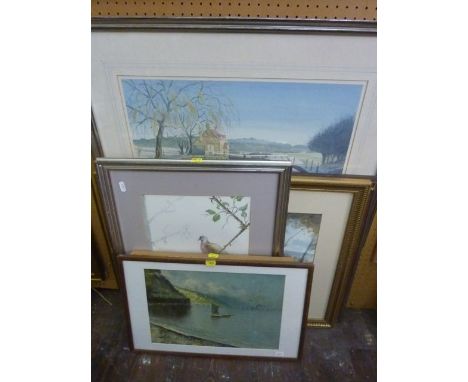 A watercolour study of a river scene in winter, signed bottom right C O Troll, study of a pigeon amongst foliage, signed bott