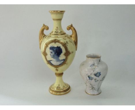 An early 20th century Coalport yellow ground two handled vase with painted panel in tones of blue showing head and shoulder p