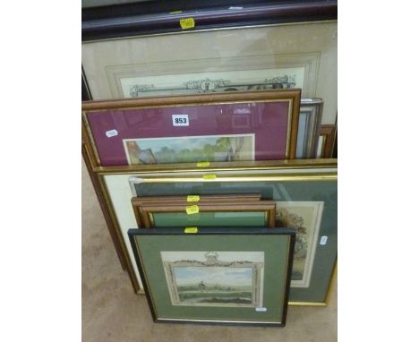 A collection of pictures and prints including a signed coloured print after Helen Bradley - Autumn, 26 x 32 cm approx, an ear