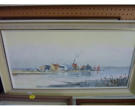 An oil painting on board of Mudeford Quay by Hadley Crossley, signed bottom right and inscribed verso, 30 x 60 cm approx in c