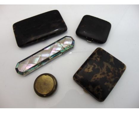 A 19th century mother-of-pearl spectacle case, tortoishell cigaratte case, two other cigarette cases and brass snuff box