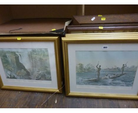 A set of seven coloured prints of lithographs after T Baines showing 19th century scenes of exploration in Africa including -