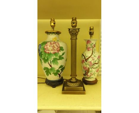 A cloisonne baluster form vase presented as a table lamp, a further Chinese ceramic vase as a lamp and a corinthian column ta