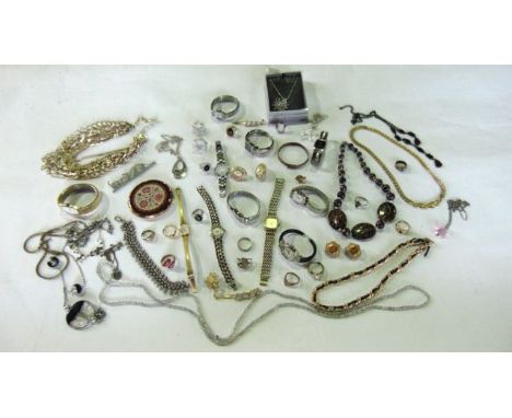 A miscellaneous collection of eleven lady's wristwatches, an Indian white metal bracelet, a miscellaneous collection of costu