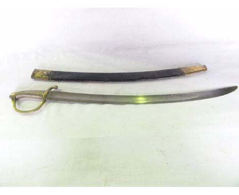 A 19th century police hanger with brass handle and guard complete with original black leather scabbard with brass caps, 78 cm