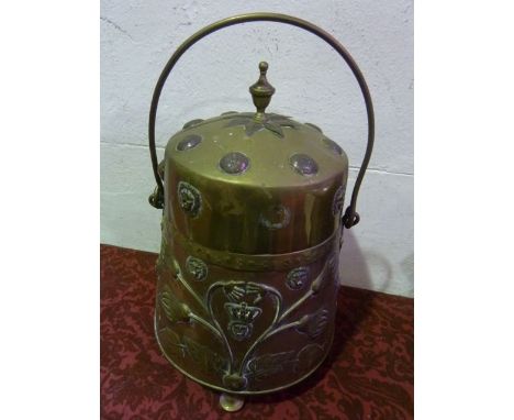 A 19th century Dutch peat pail, principally in copper of tapering cylindrical form with brass overlay detailing lions masks, 